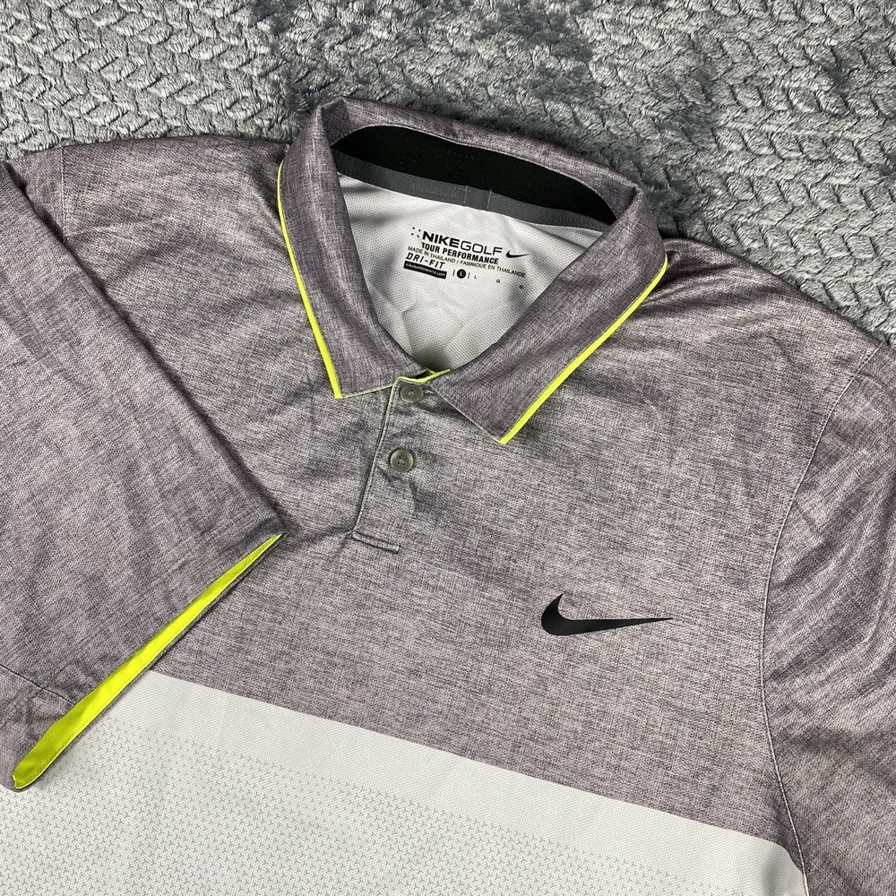 Nike Golf Polo Mens Large Gray White Green Colorblock Dri-FIT Tour Performance